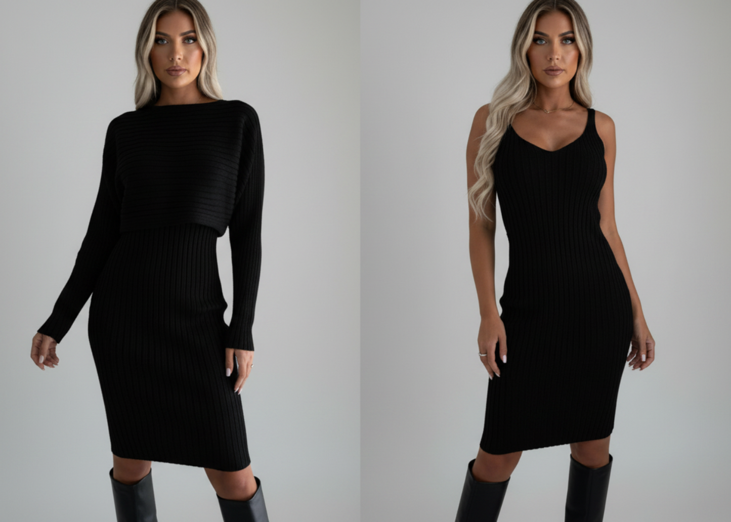 2-Piece Knit Set - Long Sleeve Top & Suspender Skirt Outfit