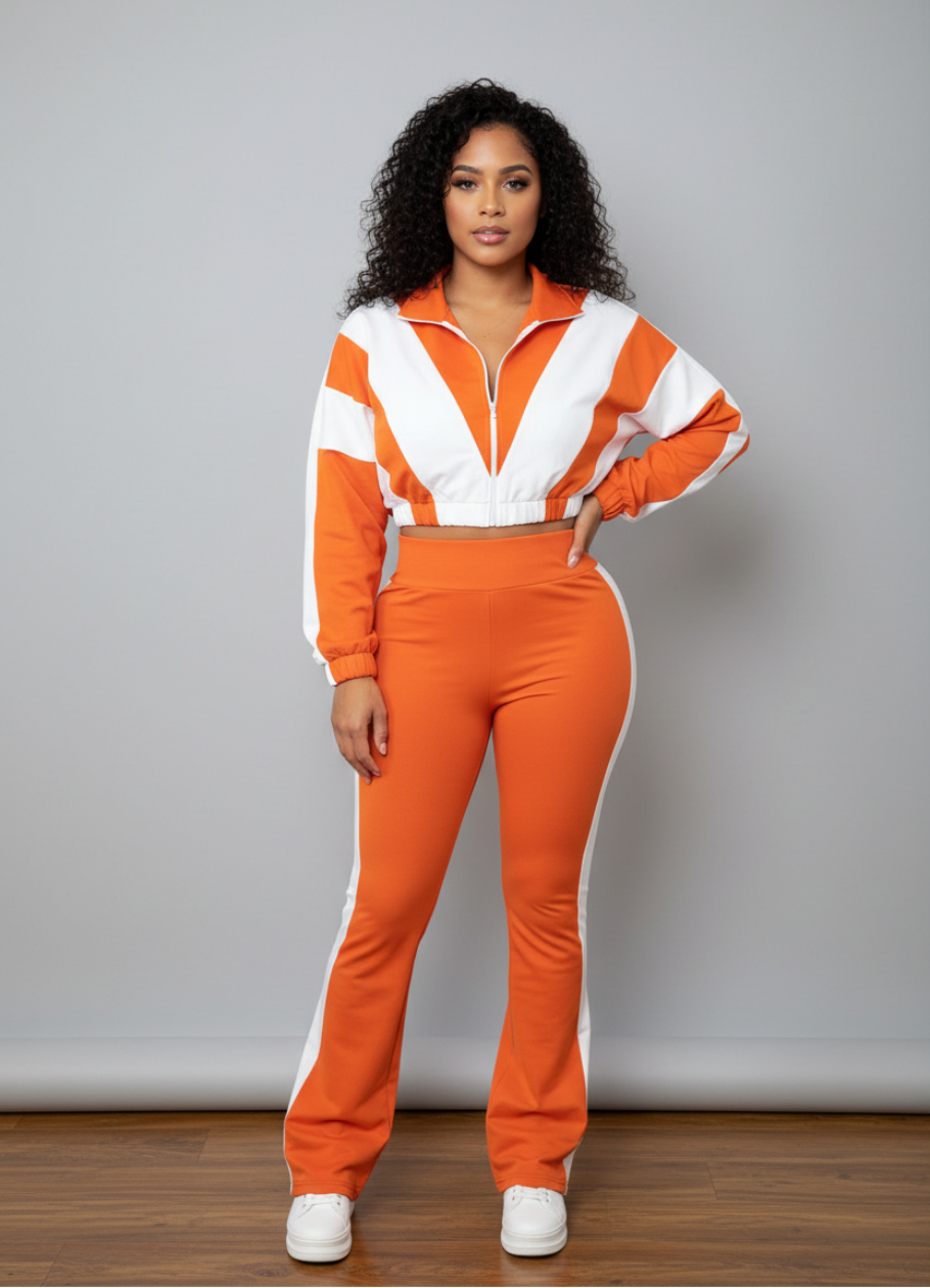 Lady Color Block Lines Two-Piece Set - Jacket & Pants