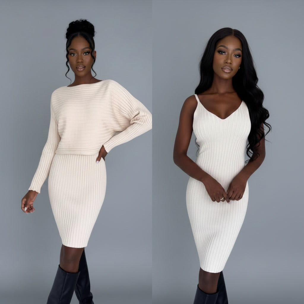 2-Piece Knit Set - Long Sleeve Top & Suspender Skirt Outfit