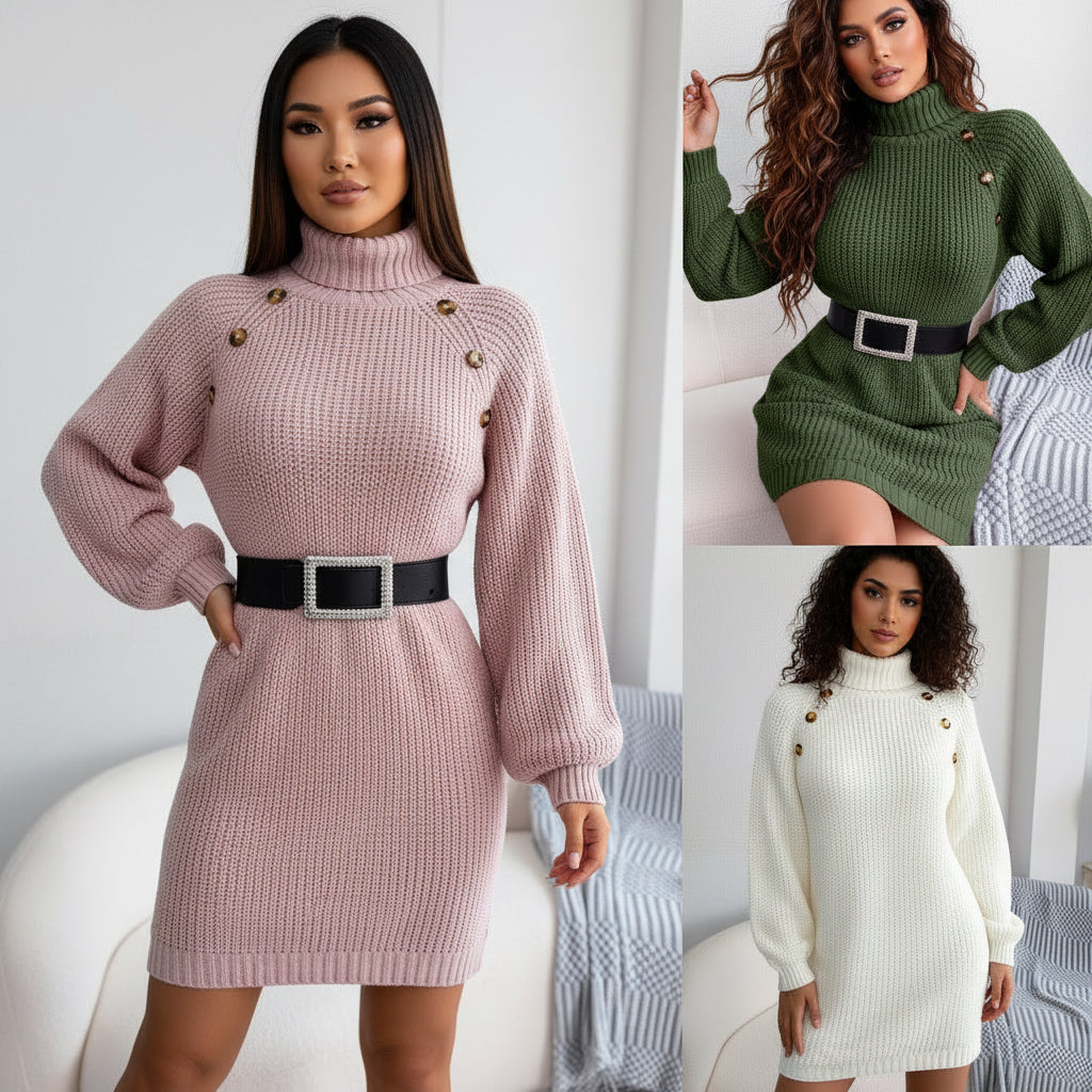Button Detail Turtleneck Sweater Dress - Clinched Waist Knit Dress