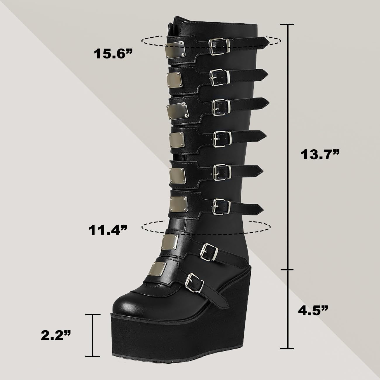 Womens Wedge Platform Knee High Boots High Heel Round-Toe Zip Punk Goth Mid Calf Combat Boots for Women