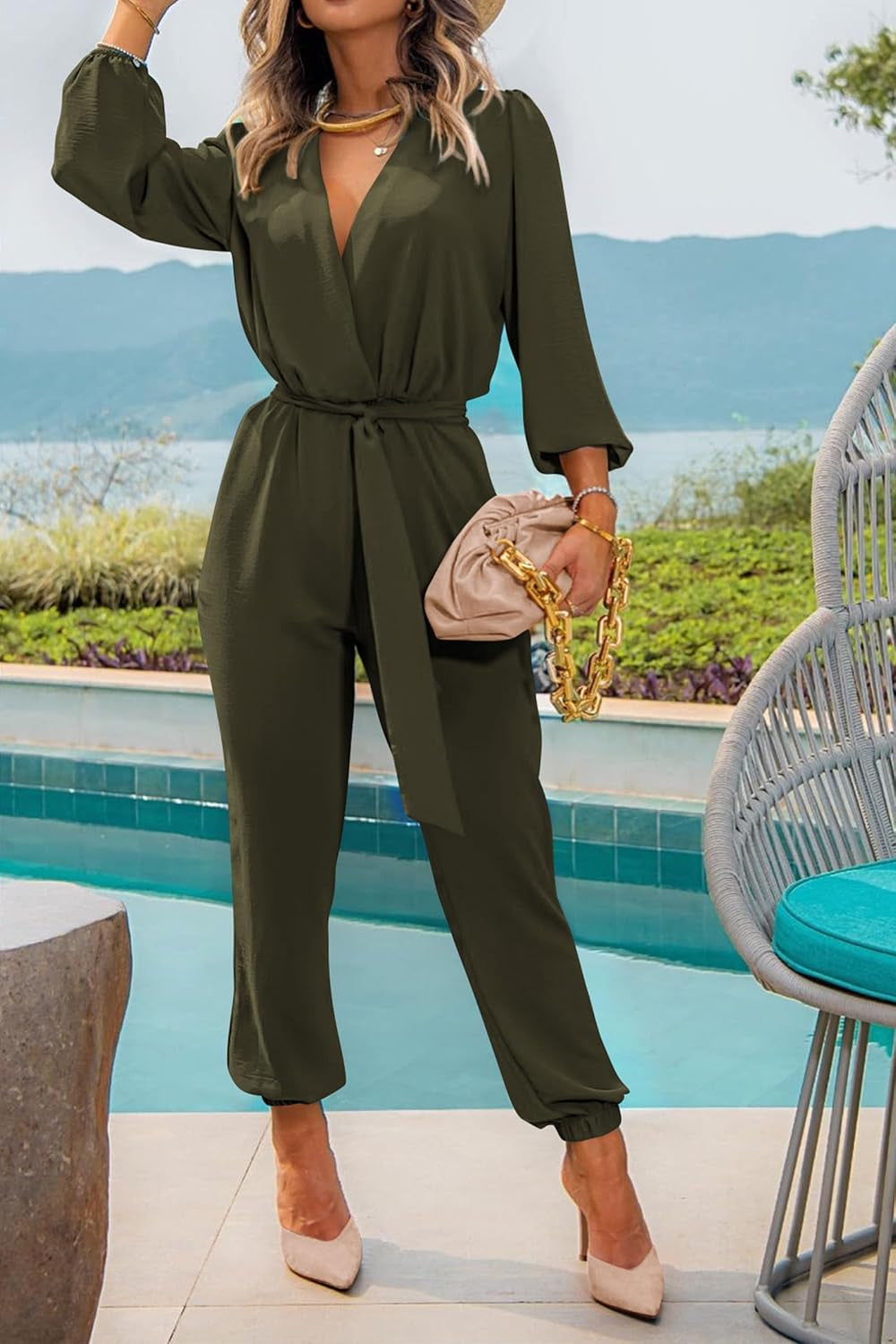 Women'S Fall Jumpsuits Dressy Casual Pants Romper Spring Long Sleeve V Neck Belt Pockets One Piece Outfits