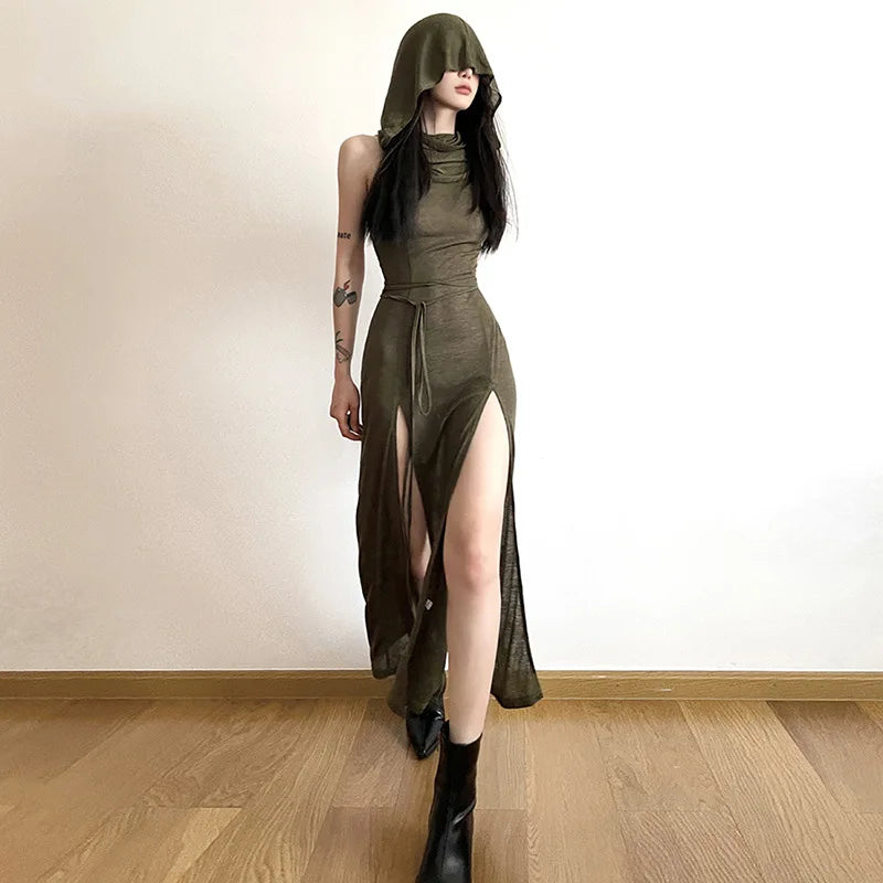 Cyber Gothic Desert Walker Hooded Dresses Y2K Punk Grunge Hollow Out Midi Dress Women Sexy Split Side Solid Streetwear