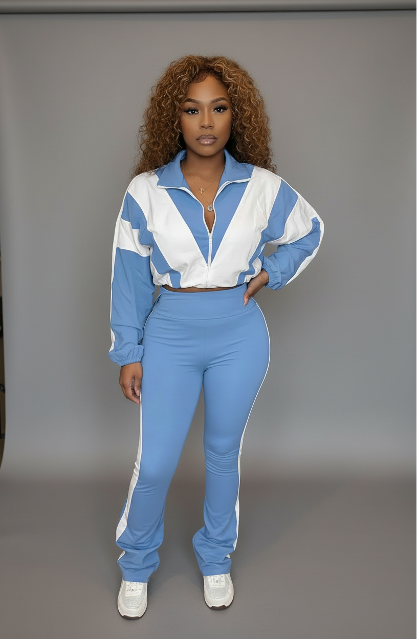 Lady Color Block Lines Two-Piece Set - Jacket & Pants