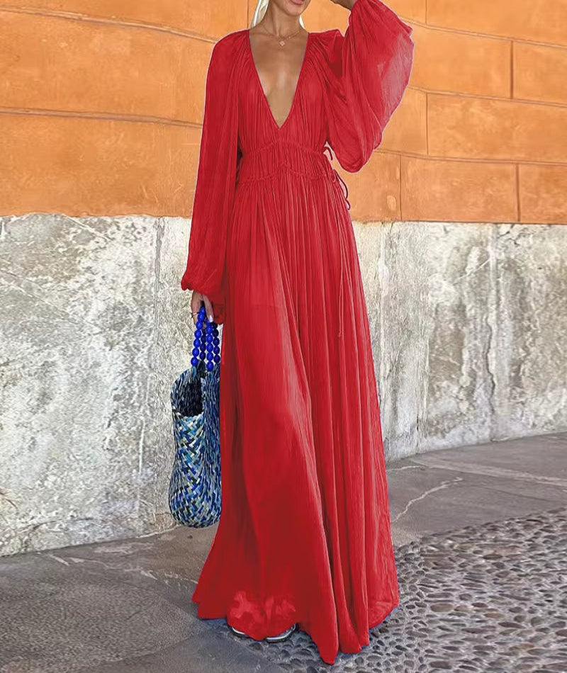 2024 Beach Style Long Sleeve Maxi Dress, Women Spring Summer Deep V-Neck Simple Party Dress, Solid Patchwork Chic Ladies Dress