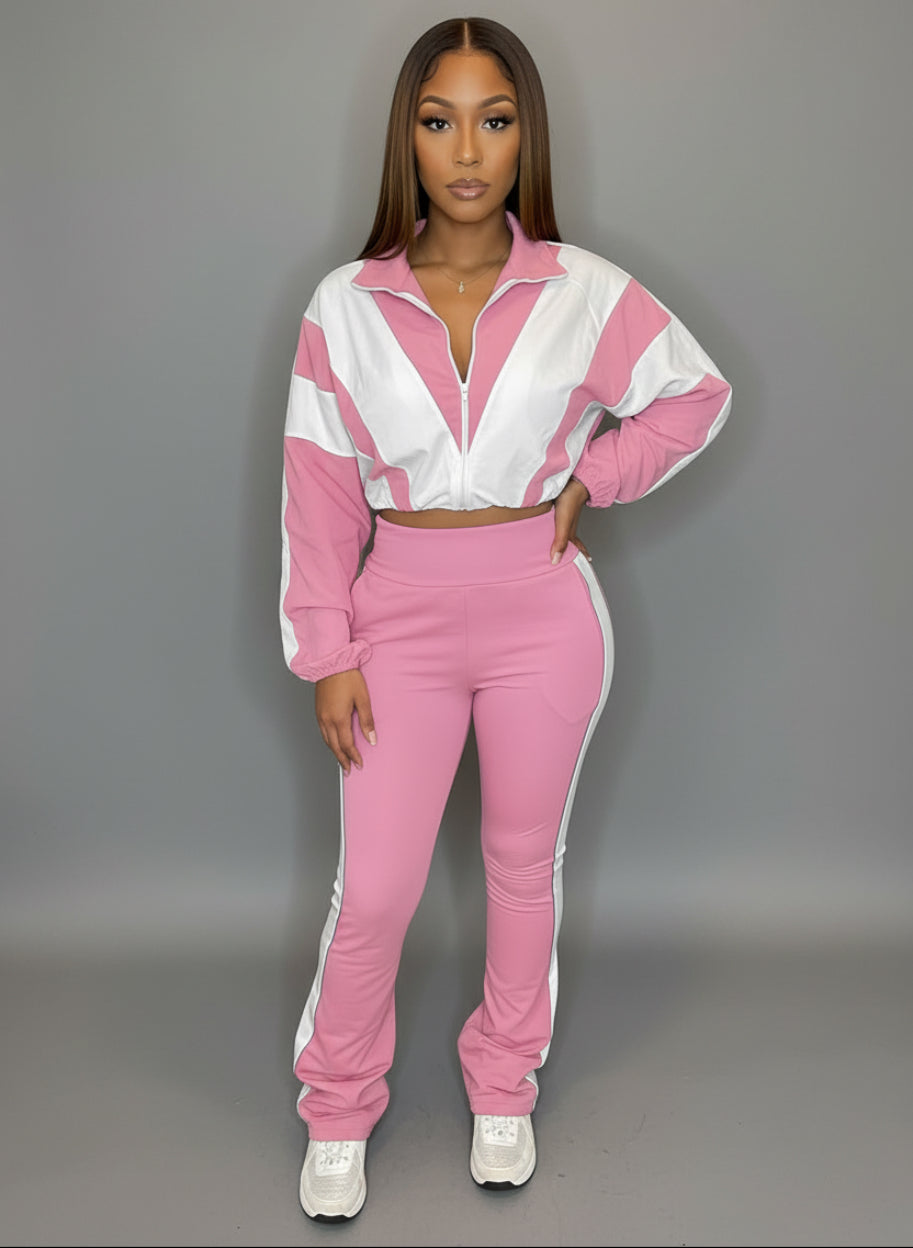 Lady Color Block Lines Two-Piece Set - Jacket & Pants