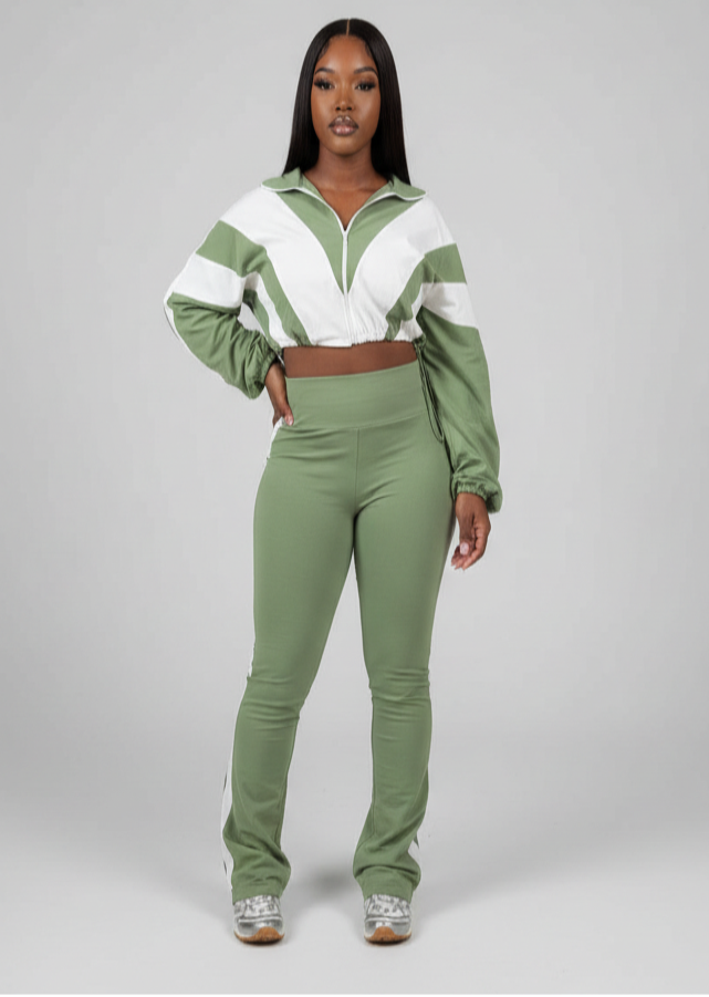 Lady Color Block Lines Two-Piece Set - Jacket & Pants