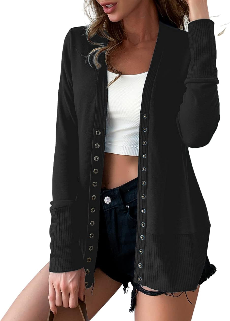 Women Long Sleeve Snaps Button down V Neck Cute Knit Sweater Cardigan Pink, White, and Black