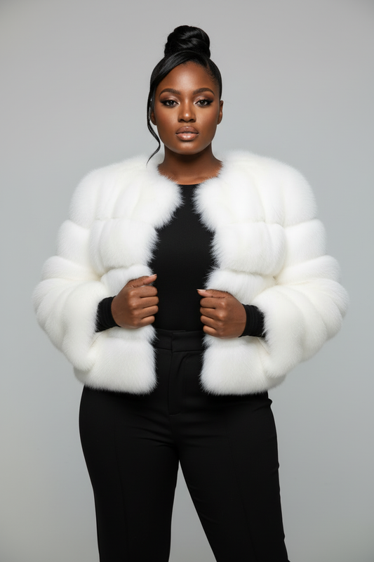 Plus-size African American woman with different hairstyle wearing short white faux fur coat